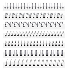 Notebook iron spiral. Metal ring spring, bind calendar mockup and binding notebooks spirals. Vector set
