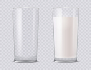 Full and empty milk glasses. Transparent realistic vector illustration.