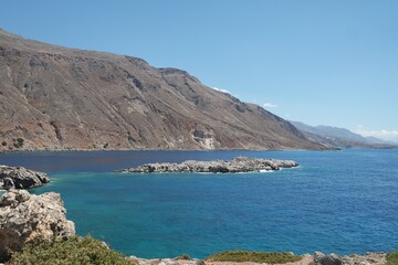 Cliffs and sea on the south coast of the Greek island of Crete, at the charming village of Loutro.