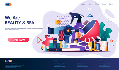 Beauty industry flat landing page template. Barbershop master, hairstyling salon web banner. Professional equipment for hairdresser 3d composition, beauty shop service. Web page vector illustration.
