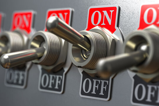 Row of retro toggle switch ON OFF on metal background.