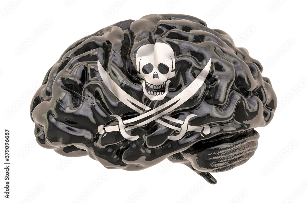 Poster human brain with piracy flag. 3d rendering