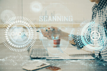 Businessman working on Laptop with technology theme drawing. Concept of big data. Double exposure.