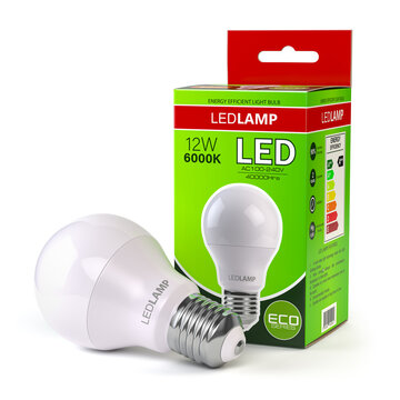 Led Lamp With Package Box Isolated On White. Energy Efficient Light Bulb.