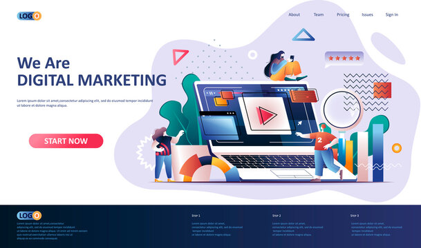 Digital marketing flat landing page template. Social media marketing, online consultation and strategy planning service web banner. Digital marketing 3d composition. Web page vector illustration.