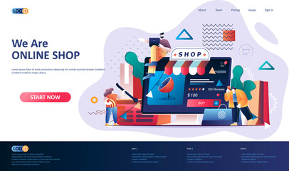 Online shopping flat landing page template. Web solution for online shopping platform web banner. E-commerce business, order and delivery service 3d composition. Web page vector illustration.