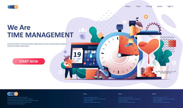 Time management flat landing page template. Effective planning workflow and performing tasks web banner. Adherence to deadlines and high work 3d composition. Web page vector illustration.