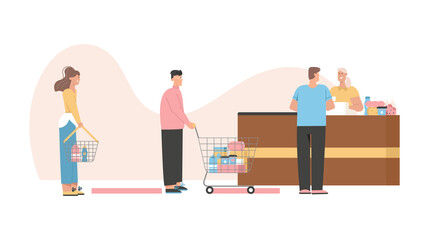 Customers standing in line keep social distance at cashier desk