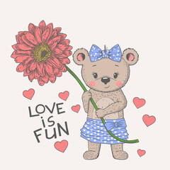 Romantic little bear girl with flower, hearts, place for text. Love is Fun slogan.