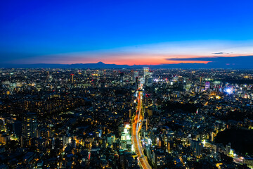 Fototapeta na wymiar 六本木ヒルズから眺める東京の街並み 夕暮れ 渋谷・富士山方面