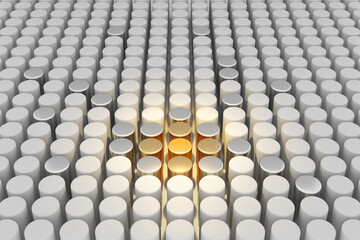 Fototapeta premium A 3d rendering of many lined cylinders that are mostly white and partly silver but only one is golden. Conceptual images about the best positions to be worthwhile.