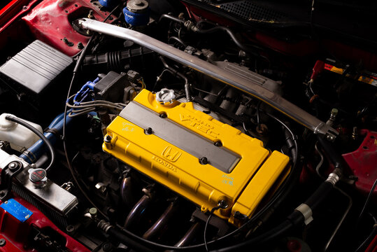 BANGKOK, THAILAND &ndash; February 14, 2019: B16 engine modified by Spoon, famous modifier from Japan, installed in Honda Civic EG, one of classic Japanese car from 90&rsquo;s