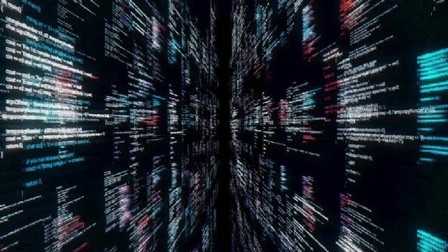 Abstract futuristic cyberspace, grunge glitch background. Animation. Concept of data center and modern technologies, moving through tons of data, seamless loop.