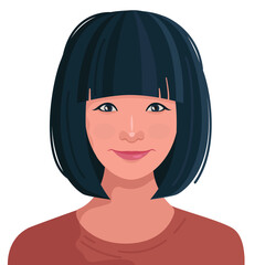 vector illustration. Head of an Asian girl. Haircut bob with bangs. Happy woman
