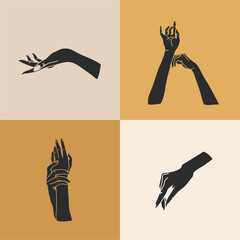 Hand drawn vector abstract stock flat graphic illustration with logo elements set,human hands silhouettes, line,magic art in simple style for branding,isolated on color background