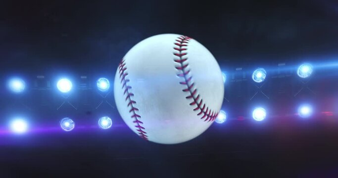 Flying baseball ball with flashing stadium spotlights in the night. Rotating sport ball. Sport 4k video background in endless loop.
