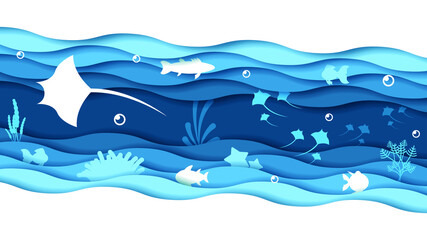 Abstract Paper Cut Slope Fish Swim On Water White Background Vector Design Style