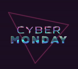 Cyber monday glitch sign with distorted letters. Retro style back to eighties style banner. Glitch effect text on dark background with old tv line effect. Sale and neon glitch light glowing.