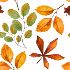 Autumn warm bright watercolor seamless pattern with items of comfort food coffee cocoa pumpkin apple menu cinnamon fallen leaves