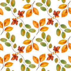 Fototapeta premium Autumn warm bright watercolor seamless pattern with items of comfort food coffee cocoa pumpkin apple menu cinnamon fallen leaves