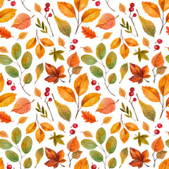 Naklejka na ściany i meble Autumn warm bright watercolor seamless pattern with items of comfort food coffee cocoa pumpkin apple menu cinnamon fallen leaves