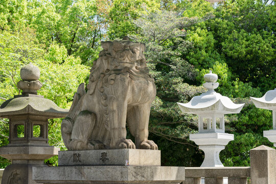 OSAKA, JAPAN CIRCA APRIL 2016: Stone lion from sumiyoshi grand shrine, Osaka, Japan