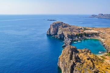 Bay of St. Paul. View from the acropolis of the city of Lindos. Rhodes Island, Greece