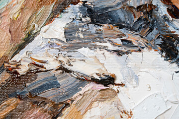 Macro. Abstract art. Expressive embossed pasty oil paints and reliefs. Colors: white,ocher, grey, brown, black.
