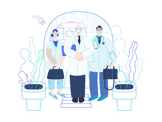 Medical insurance -specialists visit -modern flat vector concept digital illustration - medical specialists standing at the private residence entrance door Home medical service, part of insurance plan