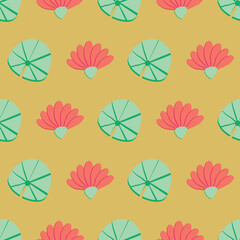 Lotus flowers and leaves seamless vector pattern on yellow. Surface print design for fabrics, stationery, scrapbook paper, gift wrap, home decor, textiles, and packaging.