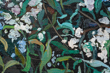 Floral pattern. Randomly intertwined different plants, grass and white flowers, in the field. Oil painting on canvas.
