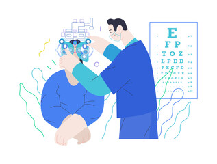 Medical tests template - c -modern flat vector concept digital illustration of eye test procedure -a female patient and a doctors with phoropter, ophthalmologic office