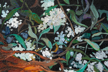 Floral pattern. Randomly intertwined different plants, grass and white flowers, in the field. Oil painting on canvas.