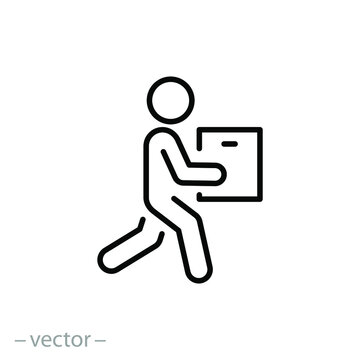 courier delivery concept, icon, moving man with box, person holding in hand package, thin line simple web symbol on white background