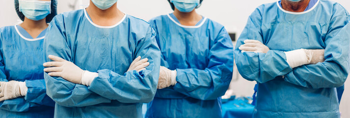 Portrait of professional anesthesiologist doctor medical team and assistant standing with surgery...