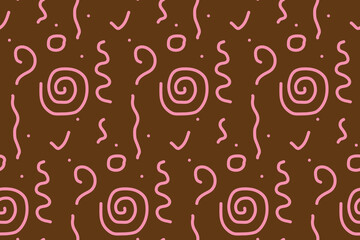 Seamless pattern with hand drawn doodles. Pink elements on red board. Backboard with spirals, doodle print. Abstract children drawing. Print for textile, gift wrapping paper, cards, web and design