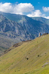 Ancient fortress and tower in the mountains of North Ossetia. Alania.