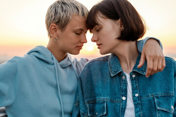 Close up of young sensual lesbian couple going to kiss, Two women enjoying romantic moments together at sunrise