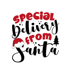 Special Deliveri From Santa- Funny christmas calligraphy with Santa's hat. Good for postcard, poster,  label,  textile print,  and gift design.