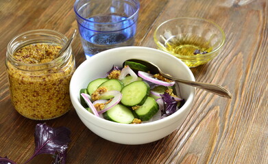 Cucumber Salad with Pickled Vinegar and French Mustard, copy space