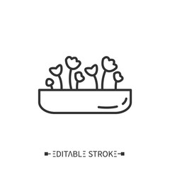 Microgreens line icon. Growing fresh plant leaves at home. Healthy superfood for balanced nutrition. Detox and weight loss supplements. Vegetarian food. Isolated vector illustration. Editable stroke. 