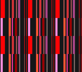 Contemporary vertical block lines repeating pattern in reds and pinks on a black background, vector illustration 