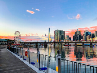 Panoramic view of Darling Harbour and the Ferris wheel Sydney Australia  - obrazy, fototapety, plakaty