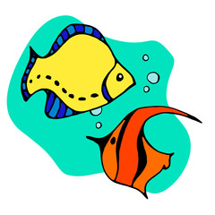 Illustration of a cartoon fish. The image Fish Angel and Butterfly. Picture of fish for illustrations of books, magazines  and coloring books. Cartoon image of fish.