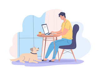 Young man freelancer works at home vector illustration