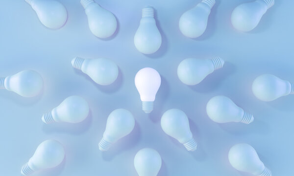 Glowing Light Bulb white Standing Out From the Crowd on blue background. ideas, leadership, creativity concept. 3d rendering.