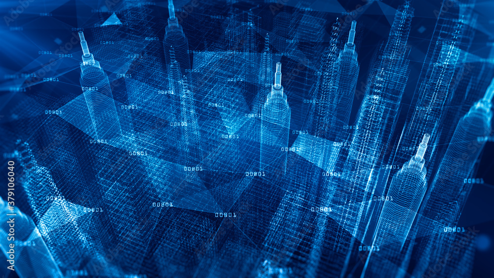 Poster digital city, digital cyberspace with particles and digital data network connections, 5g high speed 