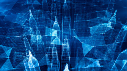 Digital City, Digital cyberspace with particles and Digital data network connections, 5g High speed internet connection and Data analysis process, Smart city background concept.