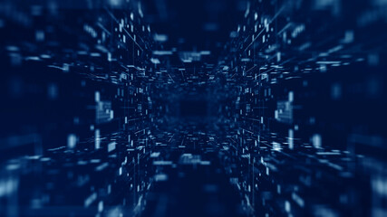 Digital tunnel of cyberspace moving forward with particles and digital data network connections future background concept.