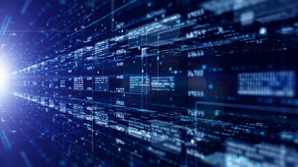 Naklejka premium Digital cyberspace with particles and digital data network connections. High-speed connection data analysis future background concept.